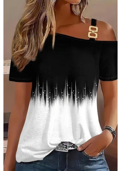 Tek Omuz Toka Detaylı Desenli Süprem Bluz - Siyah