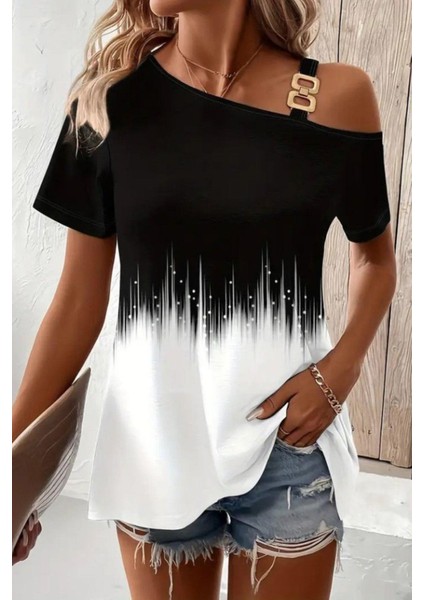 Tek Omuz Toka Detaylı Desenli Süprem Bluz - Siyah fiyatları