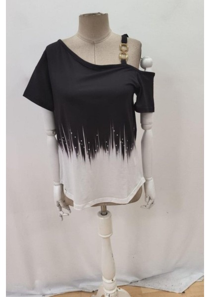 Tek Omuz Toka Detaylı Desenli Süprem Bluz - Siyah fırsatları