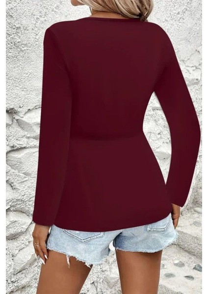 V Yaka Düğüm Detaylı Uzun Kollu Viskon Bluz - Bordo fiyatları
