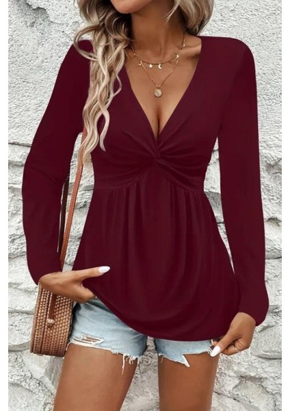 V Yaka Düğüm Detaylı Uzun Kollu Viskon Bluz - Bordo modelleri