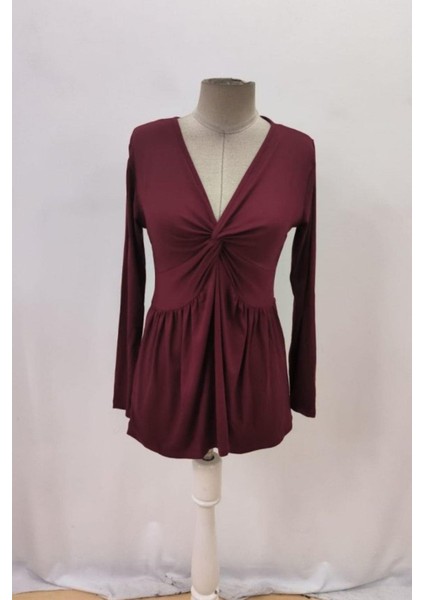 V Yaka Düğüm Detaylı Uzun Kollu Viskon Bluz - Bordo fırsatları