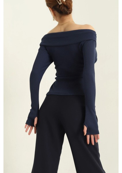 Kayık Yaka Parmak Geçmeli Fitilli Bluz Lacivert modelleri