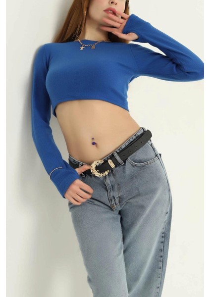 Bisiklet Yaka Parmak Geçmeli Crop Bluz Saks modelleri