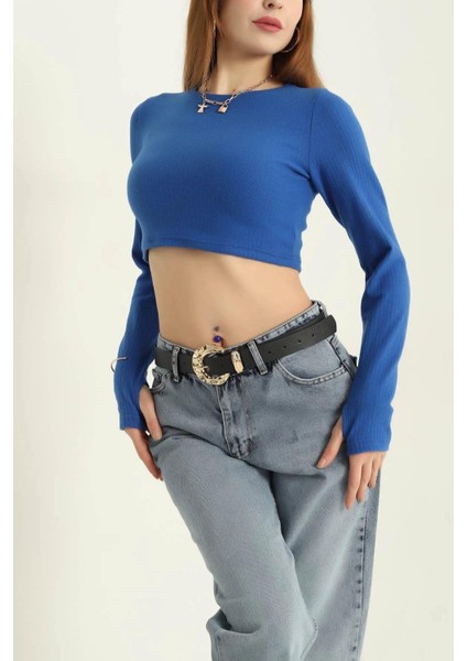 Bisiklet Yaka Parmak Geçmeli Crop Bluz Saks fırsatları