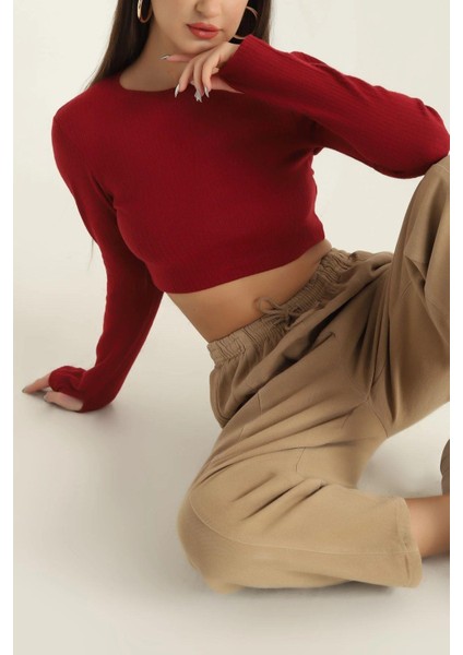 Bisiklet Yaka Parmak Geçmeli Crop Bluz Bordo