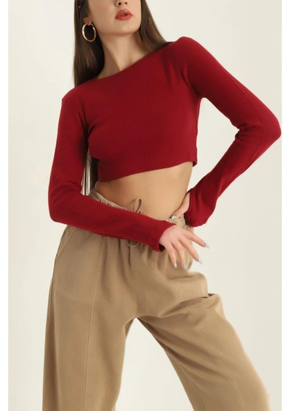 Bisiklet Yaka Parmak Geçmeli Crop Bluz Bordo fırsatları