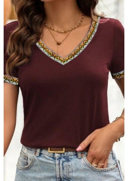 Etnik Desenli V Yaka Viskon Bluz - Bordo fiyatları