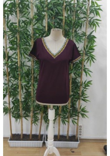 Etnik Desenli V Yaka Viskon Bluz - Bordo modelleri