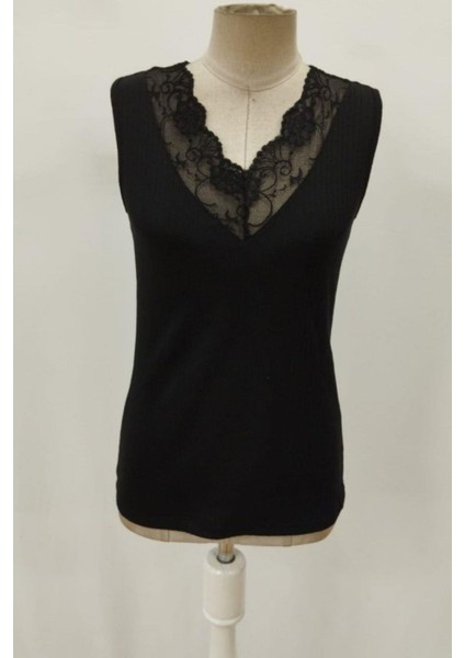 V Yaka Dantel Detaylı Kaşkorse Bluz - Siyah fırsatları