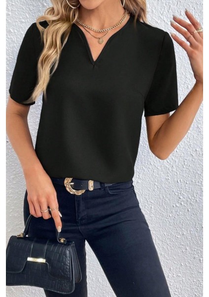 Kısa Kollu V Yaka Basic Bluz - Siyah