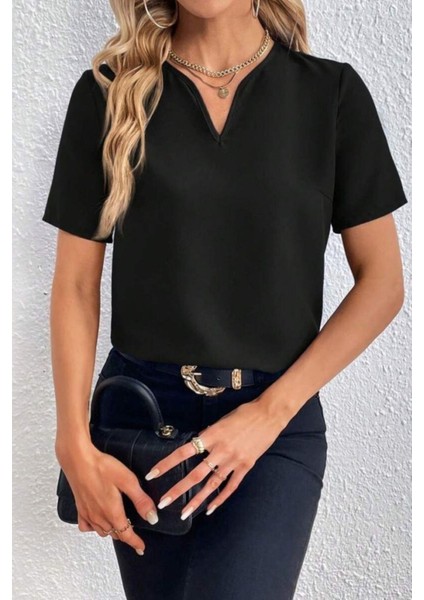 Kısa Kollu V Yaka Basic Bluz - Siyah fiyatları