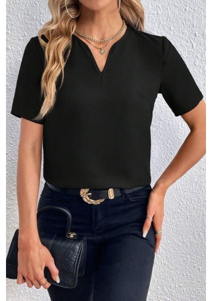 Kısa Kollu V Yaka Basic Bluz - Siyah modelleri