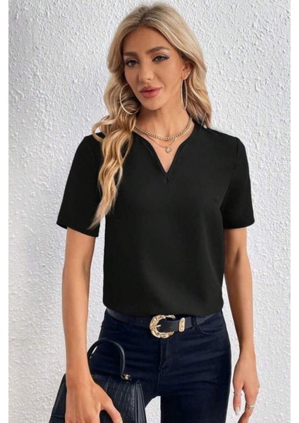 Kısa Kollu V Yaka Basic Bluz - Siyah fırsatları