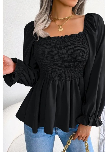 Kare Yaka Gipeli Krep Bluz - Siyah