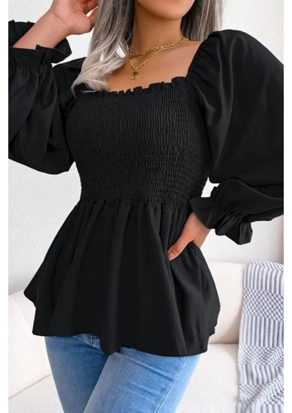 Kare Yaka Gipeli Krep Bluz - Siyah fiyatları