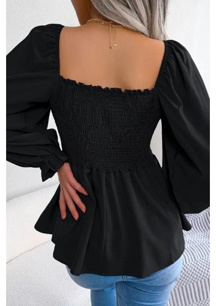 Kare Yaka Gipeli Krep Bluz - Siyah modelleri