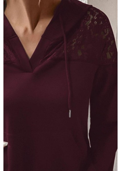 Dantel Detaylı V Yaka Kapüşonlu Cepli Viskon Iki Iplik Bluz - Bordo modelleri