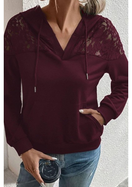Dantel Detaylı V Yaka Kapüşonlu Cepli Viskon Iki Iplik Bluz - Bordo fırsatları