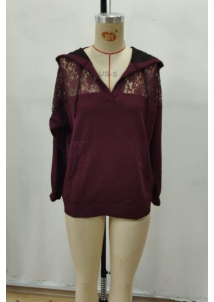 Dantel Detaylı V Yaka Kapüşonlu Cepli Viskon Iki Iplik Bluz - Bordo indirimleri