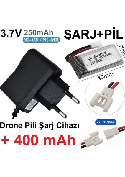 Drone Pili Şarj Cihazı + 400 Mah Pil Jst Ph Mx2.0 Fiş Güç Adaptörü 3.7V Garantili