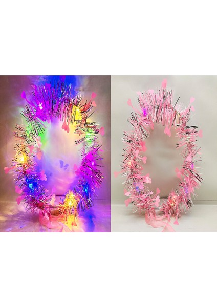 Kalp Püsküllü Gece Parıltısı 3 Modlu LED Li Işıklı Taç Pembe Renk