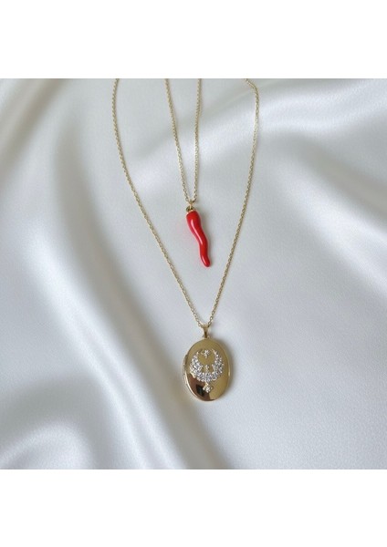 Alya Kolye Anka Kuşu Içi Açılır Kolye ve Kırmızı Biber Şans Bereket Kolyesi Çelik Kolye