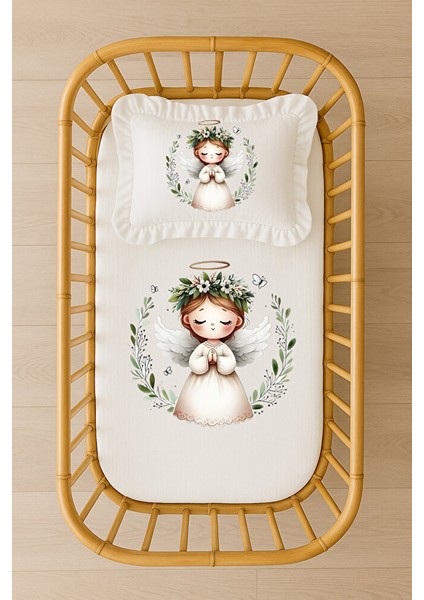 Kişiye Özel Isimli Balerin Bebek Nevresim Takımı Pembe Ay ve Çiçekli Fırfırlı Dolgulu Yastık