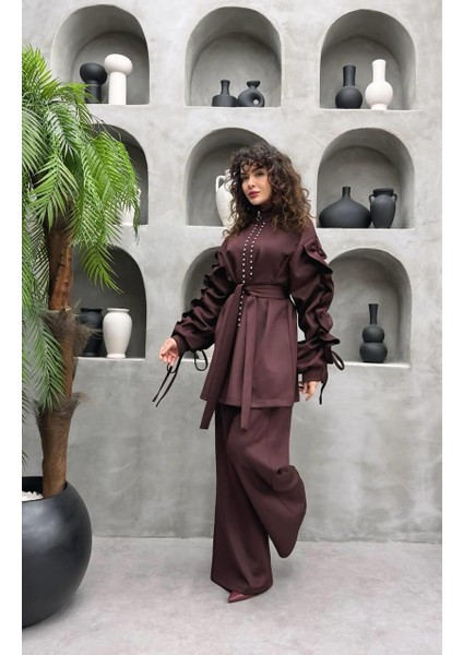 Taş Süslemeli Volanlı Kol Detaylı Premium skuba Kumaş Pantolonlu Ikili Takım fiyatları