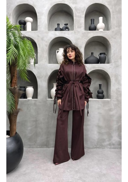 Taş Süslemeli Volanlı Kol Detaylı Premium skuba Kumaş Pantolonlu Ikili Takım modelleri