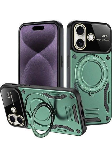 iPhone 16 Kılıf Joy Lens Standlı Kapak - Koyu Yeşil