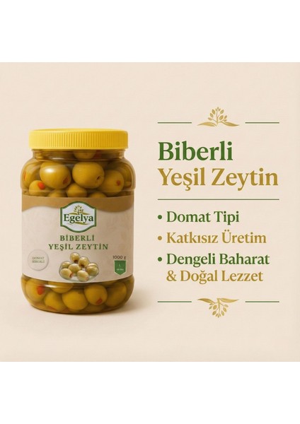 Biberli Yeşil Zeytin 1 kg – Doğal Fermente, Katkısız, Ege Lezzeti