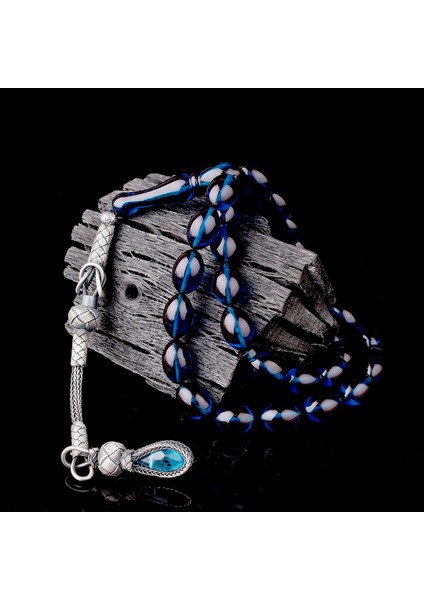 1000 Ayar Gümüş Püsküllü Arpa Kesim Mavi Renk Ateş Kehribar Tesbih