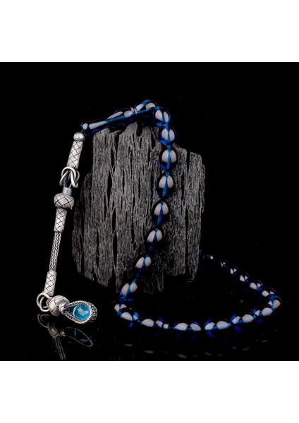 1000 Ayar Gümüş Püsküllü Arpa Kesim Mavi Renk Ateş Kehribar Tesbih fiyatları