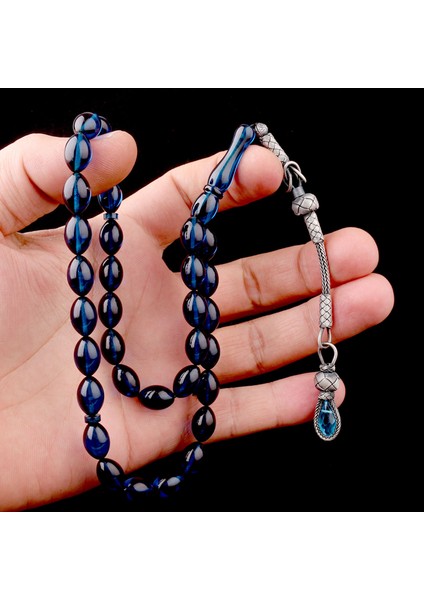 1000 Ayar Gümüş Püsküllü Arpa Kesim Mavi Renk Ateş Kehribar Tesbih modelleri