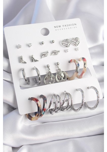 Pirinç Gümüş Renk Zirkon Taş Detaylı 12 Çift Kadın Küpe Seti - TJ-BKP9680