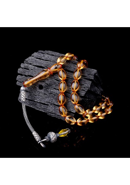 1000 Ayar Gümüş Püsküllü Arpa Kesim Ateş Kehribar Tesbih