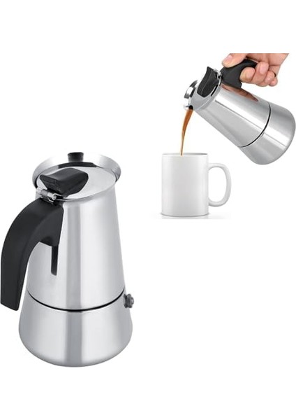 Paslanmaz Çelik Espresso Pot - Indüksiyon Uyumlu, Manuel Espresso Cezvesi, Ocak Üstü Espresso Makinesi, Kolay Temizlenebilir & Dayanıklı Tasarım (6 Cup (300ML))