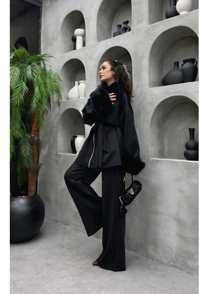 Premium Kürk Detaylı Scuba Kumaş Tesettür Ikili Takım – Pantolonlu Şık Kombin