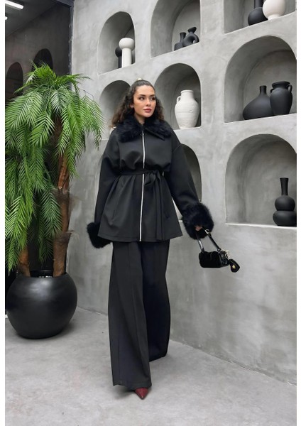 Premium Kürk Detaylı Scuba Kumaş Tesettür Ikili Takım – Pantolonlu Şık Kombin modelleri