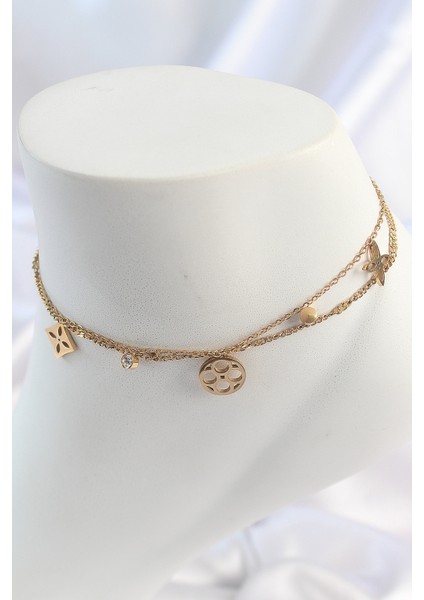 316L Çelik Gold Renk 2'li Zincir Rüya Kapnı Figür Zirkon Taş Detay Kadın Halhal - TJ-HH1651