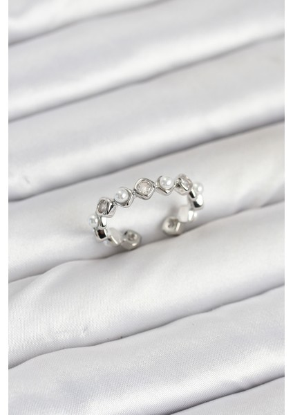 Pirinç Gümüş Renk Zirkon Taşlı Incili Kadın Yüzük - TJ-BYK3877