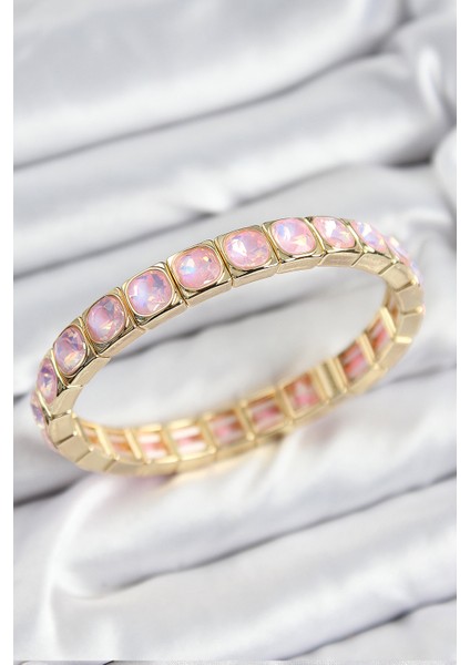 Pirinç Pembe Zirkon Taşlı Kare Model Gold Renk Lastikli Kadın Bileklik - TJ-BB7499