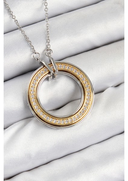 316L Çelik Zirkon Taşlı Dönen Daire Model Gold ve Gümüş Renk Kadın Kolye - TJ-BKO10479