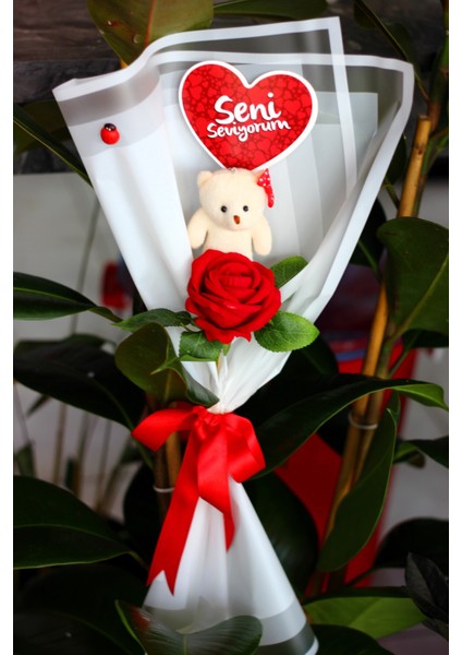 Tekli Ayıcık Buketi & Gül & Seni Seviyorum Kartı Yıldönümü Doğum Gününe Özel Sevgiliye Hediye