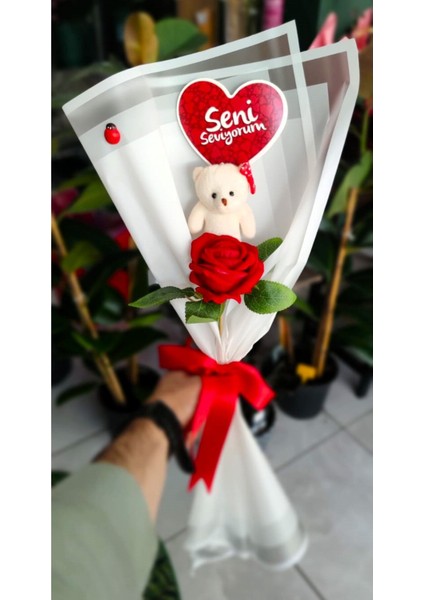 Tekli Ayıcık Buketi & Gül & Seni Seviyorum Kartı Yıldönümü Doğum Gününe Özel Sevgiliye Hediye fiyatları