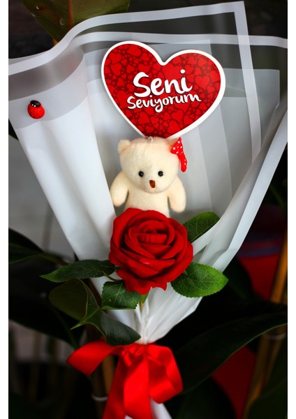 Tekli Ayıcık Buketi & Gül & Seni Seviyorum Kartı Yıldönümü Doğum Gününe Özel Sevgiliye Hediye modelleri