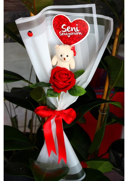 Tekli Ayıcık Buketi & Gül & Seni Seviyorum Kartı Yıldönümü Doğum Gününe Özel Sevgiliye Hediye fırsatları
