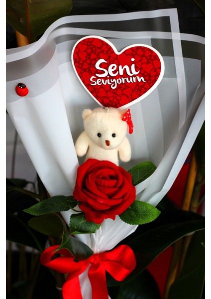 Tekli Ayıcık Buketi & Gül & Seni Seviyorum Kartı Yıldönümü Doğum Gününe Özel Sevgiliye Hediye indirimleri