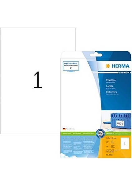 Herma 5065 Evrensel Etiketler, 25 Yaprak, 210 x 297 Mm, 1 Adet A4 Yaprak, 25 Adet, Kendinden Yapışkanlı, Yazdırılabilir, Mat, Çıkartma, Beyaz fiyatları